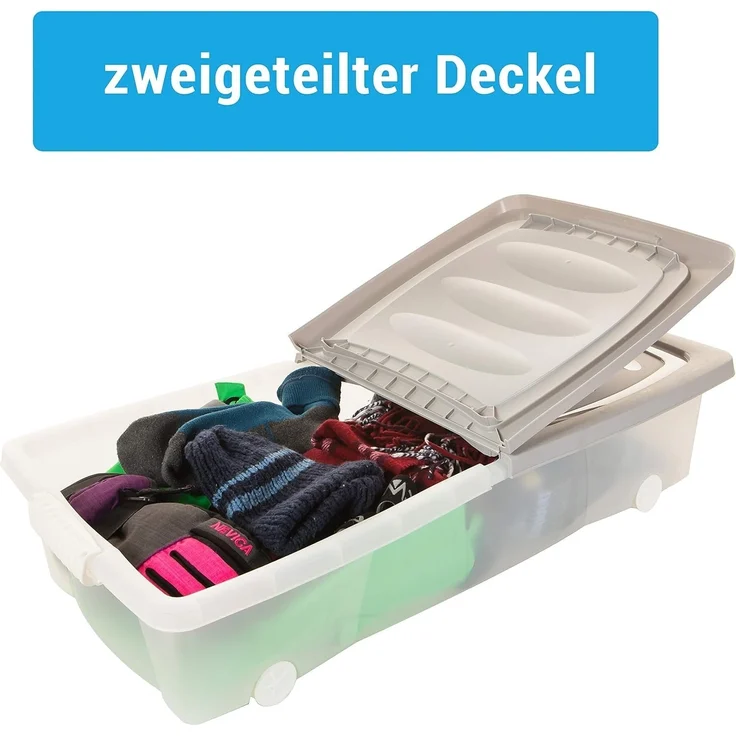 Centi Aufbewahrungsbox Flache Unterbettbox mit Rollen und Deckel, transparent (3er-Set) – Bild 4
