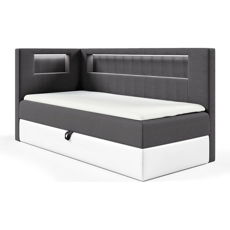 MEBLINI Kinderbett mit Bettkasten GARETH 3 90x200 Links – H3/Dunkelgrau Samt Gepolstert Einzelbett mit Matratze - Polsterbett mit Stauraum - Bett mit Kopfteil – Stauraumbett – Bild 1