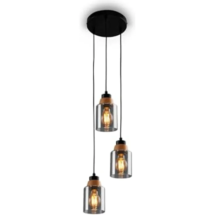 Briloner Pendelleuchte Royk, 3-flammig mit E27 Fassung, Holzapplikation und Rauchglas, Schwarz