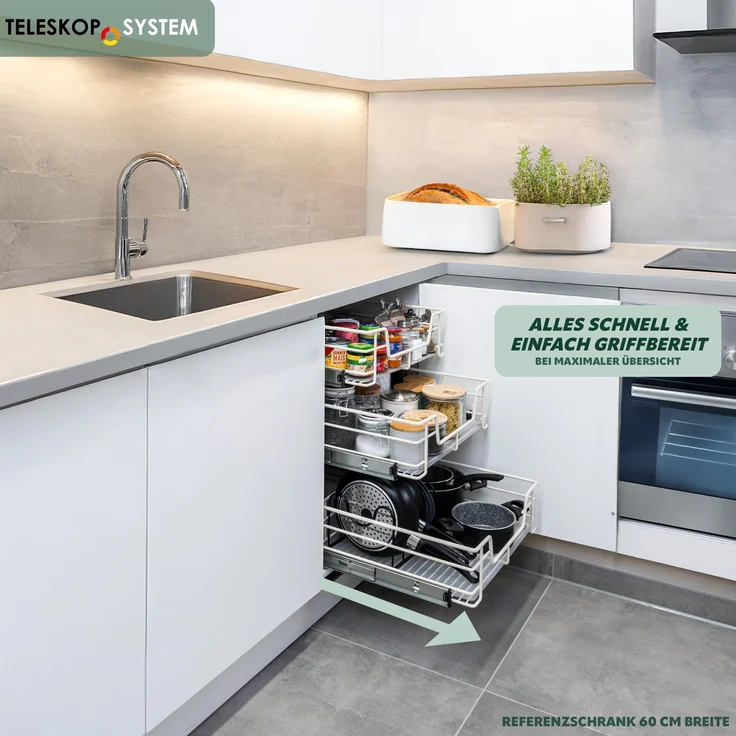 Teleskopschublade für 40 cm Schrank mit Einlegeboden, aus Metall, cremeweiß – Bild 2