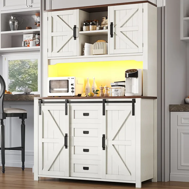 Küchenschrank mit LED-Beleuchtung & Schiebetüren, 115x40x174,7 cm, Weiß