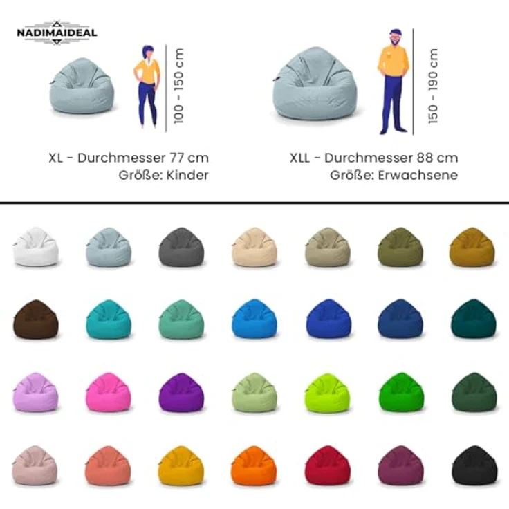 Nadimaideal Sitzsack Tropfenform Kastanie | Bodenkissen für Kinder & Erwachsene | Indoor & Outdoor | Gaming Sitzsack - Sitzkissen - Beanbag | Füllung EPS Perlen (Hellblau, XXL-Durchmesser 88 cm) – Bild 7