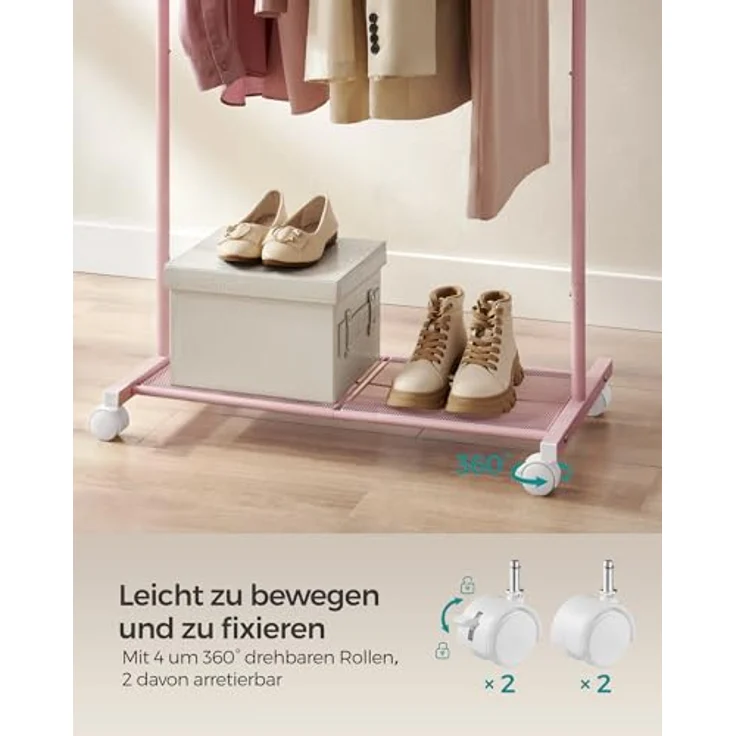 Songmics Kleiderständer, Kleiderstange auf Rollen, Garderobenständer 74 cm breit, Rollgarderobe mit Gitterablage, bis 35 kg belastbar, 2 Rollen arretierbar, Stahlrahmen, pastellrosa HSR130R01 – Bild 6