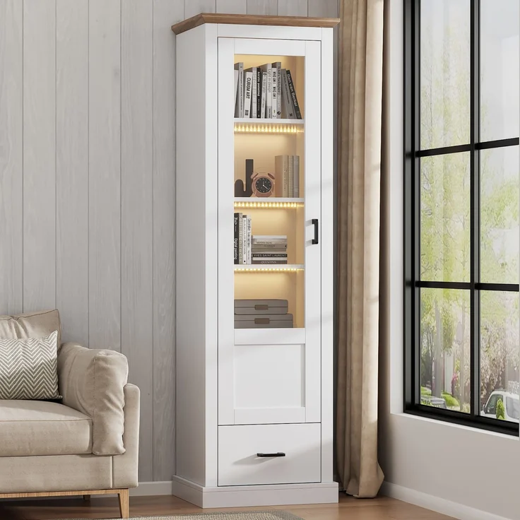 (=N625P230694696W)Moderne LED Vitrine Weiß Matt 178cm mit USB-Anschluss, Standvitrine mit Holzdekor, Gehärtetes Glas Hochschrank mit Schublade, Vitrinenschrank, 5 Fächer Display Schrank--Weiß--50x35x178cm--YOUDENOVA – Bild 1
