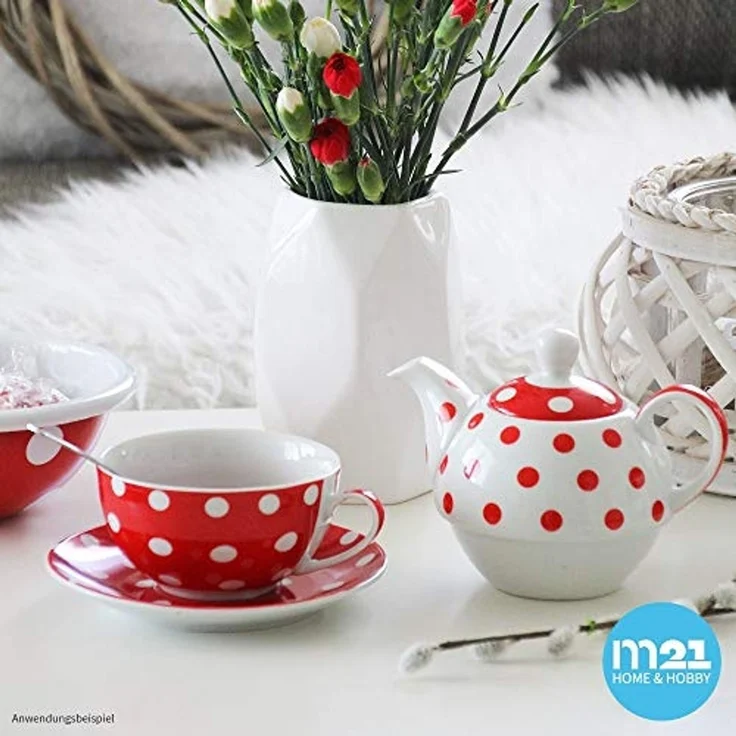 matches21 HOME & HOBBY Teekanne Süße Teekanne Teetasse mit Untertasse Set rot gepunktet, 0.4 l, (1-St), Tee Kaffee-Becher, klassisch, Geschenk-Set, 600ml – Bild 2