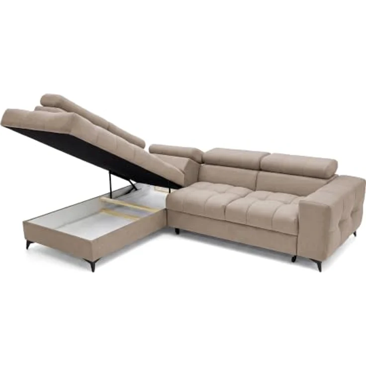 Muffo Ecksofa PUDDING L Links, Velours Beige mit Schlaffunktion 125x195 cm, verstellbaren Kopfstützen und Bettkasten – Bild 9