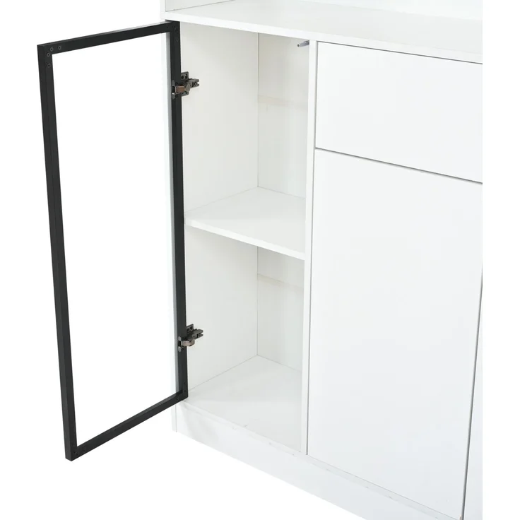 Hochschrank 120 x 33 x 200 cm in Weiß mit LED-Beleuchtung, Glastüren und Schubladen – Bild 10