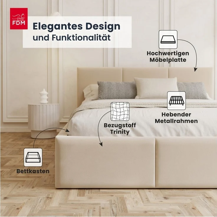 FDM Polsterbett AMBER modern mit Bettkasten MADE IN EU - mit Trinity Velours Bezug (verfügbar 90x200 120x200 140x200 160x200 180x200cm, Bettrahmen, Bett, mit großen gepolsterten Kopfteil, mit Bettkasten zum aufklappen), Hebbarer Metallrahmen, Bettkaste... – Bild 2