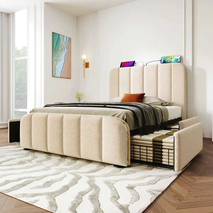 Polsterbett Leinen mit USB-Anschluss & 4 Schubladen, 90x200 cm, 215x98x102 cm, Beige, ohne Matratze – Bild 2