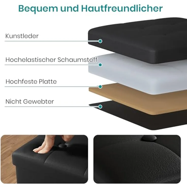 Oak & Tea PU Sitzhocker mit Stauraum, Hocker mit Stauraum, Sitzwürfel Klappbar, Aufbewahrungsbox Hocker, Kleine Sitzbank, Ottomane Sofa Fußhocker, für Wohnzimmer, Schlafzimmer, 30 x 30 x 30 cm, Schwarz – Bild 8