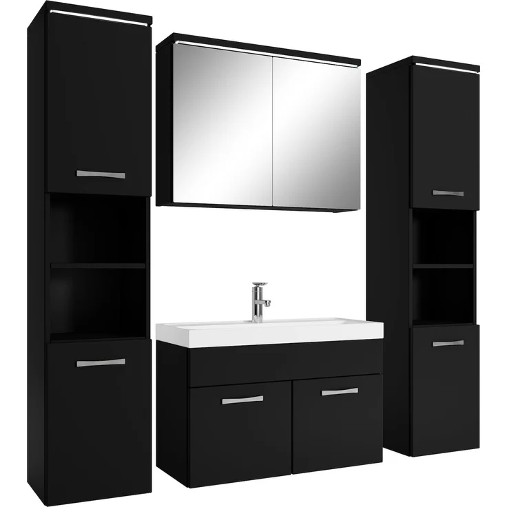 Badplaats Badmöbel Komplettset Paso XL LED 80x40 cm Schwarz Matt - Badezimmermöbel mit Waschbecken, Spiegelschrank und 2 Badezimmerschränke – Bild 1