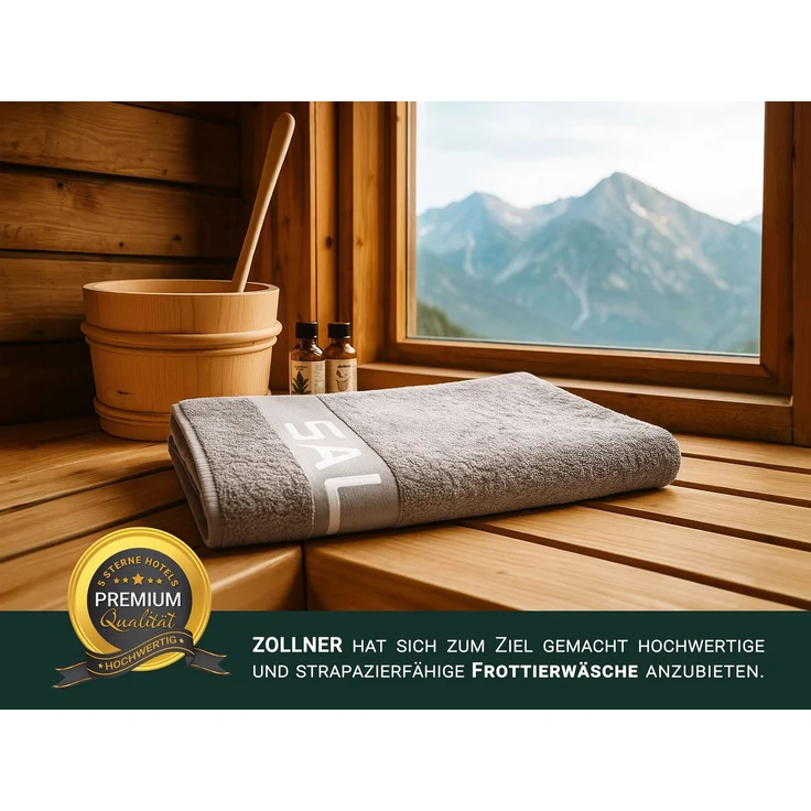 ZOLLNER Saunatuch 100% Baumwolle, 80x200 cm, grau mit Schrift "SAUNA" – Bild 6
