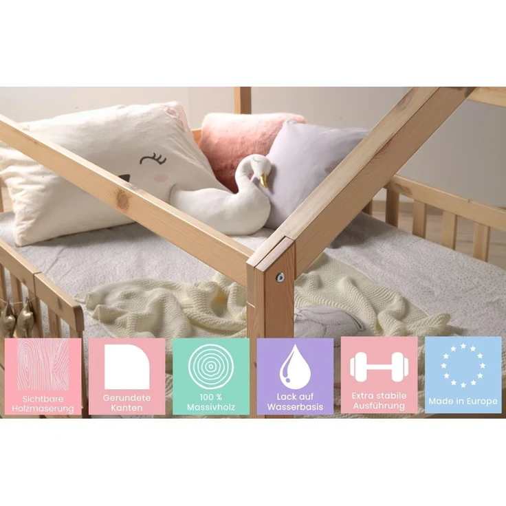 TiCAA Kinderbett Hausbett mit Tüll Kim 90x200 cm, 100x200 cm, 120x200 cm, 140x200 für Jungen & Mädchen, inkl. Rolllattenrost, Rausfallschutz variabel, Montessori Bett Natur aus Kiefer Massivholz – Bild 6