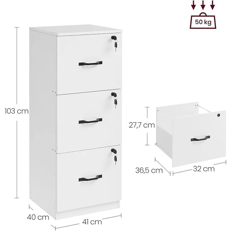 VASAGLE Aktenschrank mit 3 abschließbaren Schubladen, verstellbare Hängestange, Holzspanplatte wolkenweiß, 41 x 40 x 103 cm – Bild 4
