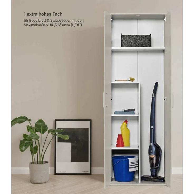 mokebo Mehrzweckschrank Der Lange (60x180 cm, mit Staubsaugerfach) Besenschrank, Putzschrank, Flurschrank, Haushaltsschrank in Beige Grau