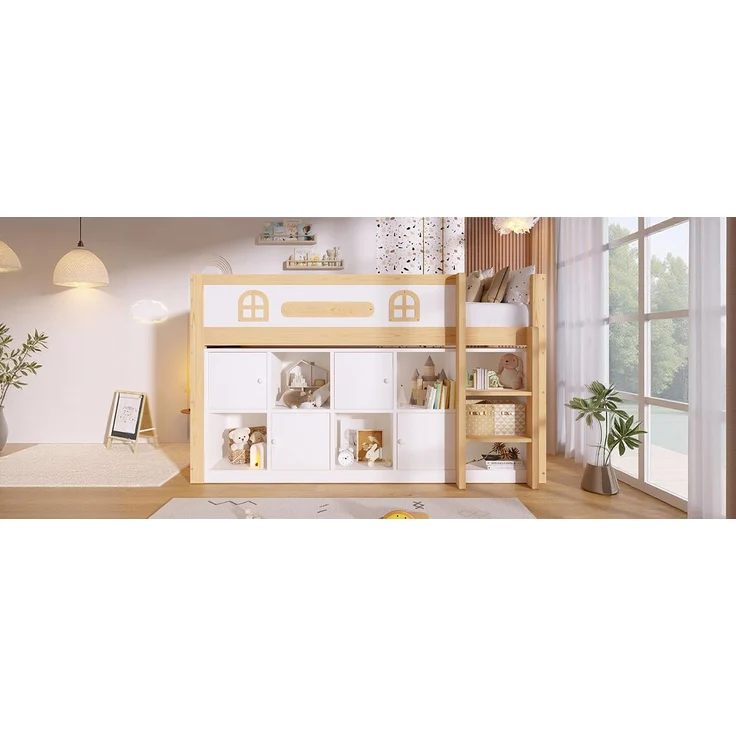 ZUBALIYA Halbhohes Bett, mit Ablagefächern und Leiter und Kreidetafel, Maße 90 x 200 cm, Weiß und Natur, Stockbett, fürs Schlafzimmer, Samt – Bild 25