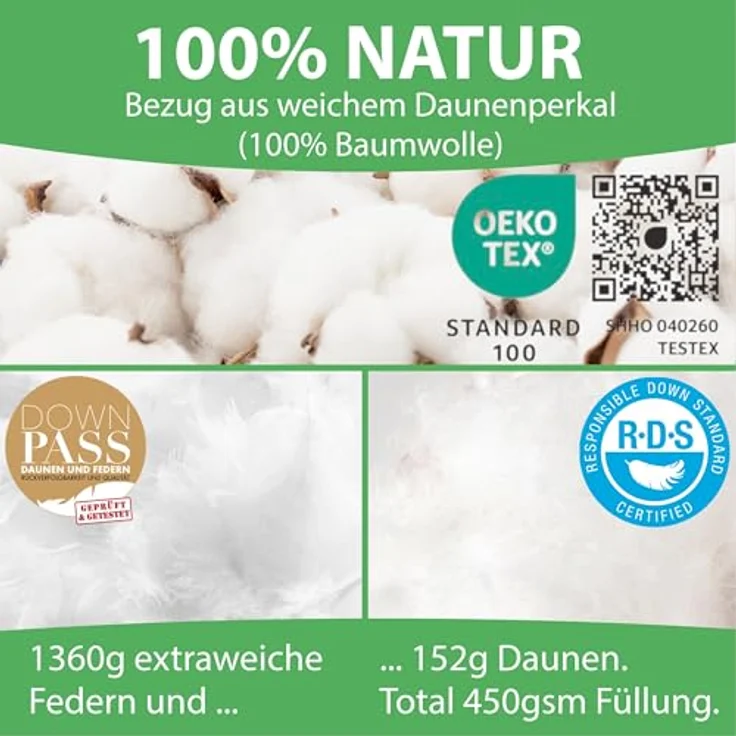 Welldora Komfort Bettdecke 160x210 | 100% Extraweiche Federn & Daunen | Fachärztlich geprüft, Oeko-Tex, Allergiker | RDS Zertifiziert für Tierwohl | Ganzjahres Federbett Daunendecke 160x210 – Bild 4