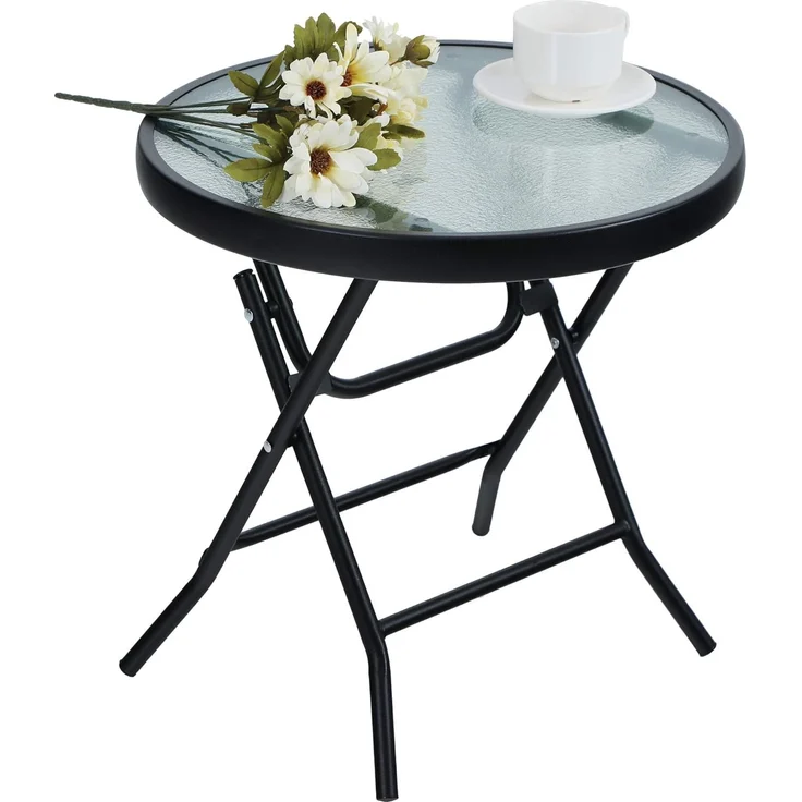 PHI VILLA Klappbar Runder Beistelltisch Glas aus Metall Gartentisch Kaffeetisch Klein Balkontisch wetterfest pflegeleicht für Balkon Garten Terrasse Wohnzimmer – Bild 1