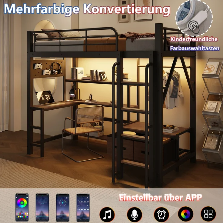 Hochbett 90x200 cm mit Schreibtisch, LED-Lichtleiste, USB-Anschluss und Stauraum, Schwarz – Ohne Matratze – Bild 8