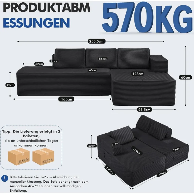 COMHOMA Ecksofa mit Schlaffunktion, 255cm Corduroy Modulares Boneless Couch mit Chaiselongue & Rücken-Metallgestell, L-Form Schlafsofa mit offenem Design, Kissen & Seitentaschen,für Wohnzimmer,Schwarz-L – Bild 2