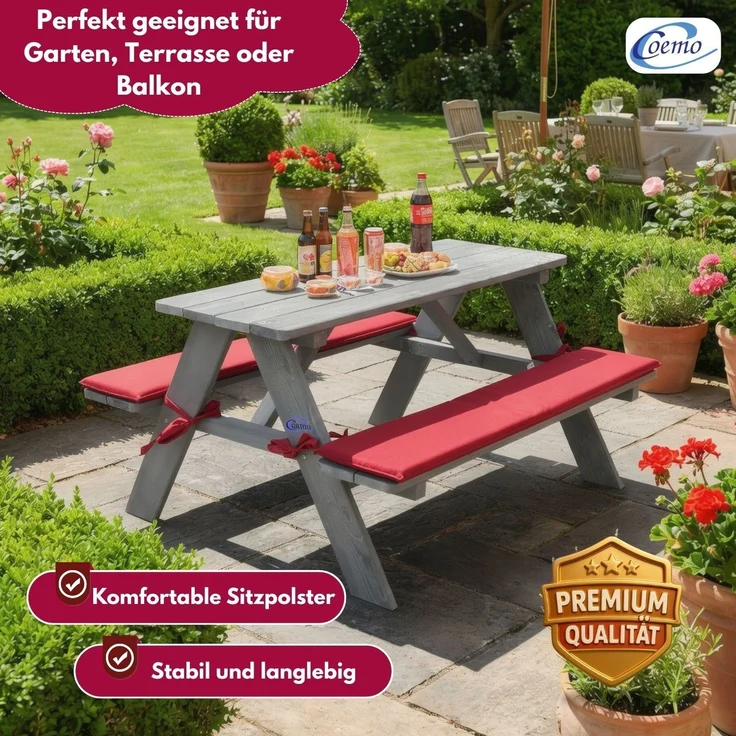 Coemo Kinder-Sitzgruppe Grau Picknicktisch mit Polster Spieltisch Gartentisch Holz – Bild 4