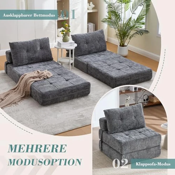 Ball & Cast Bodensofa, Umwandelbarer 2-in-1 Sofa Bett, Chenille Klappsofa mit Rückenlehne für Wohnzimmer und Schlafzimmer, Grau, 1 Sitzplatz – Bild 4
