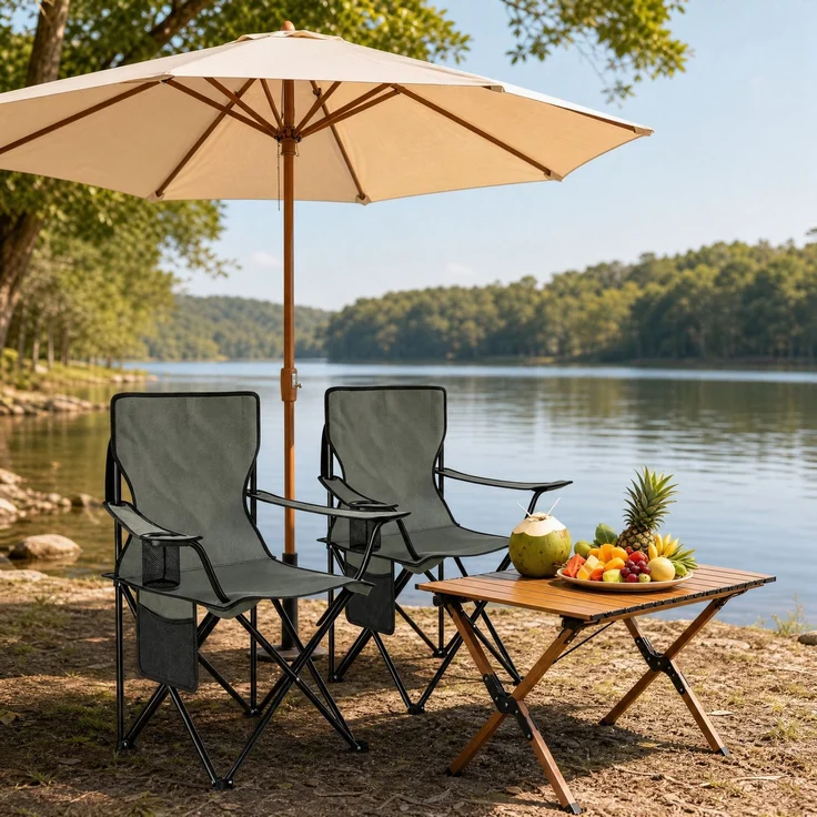 Campingstuhl-Set, klappbar mit Getränkehalter & Seitentasche, 47x76x80,5 cm, Dunkelgrau – Bild 1