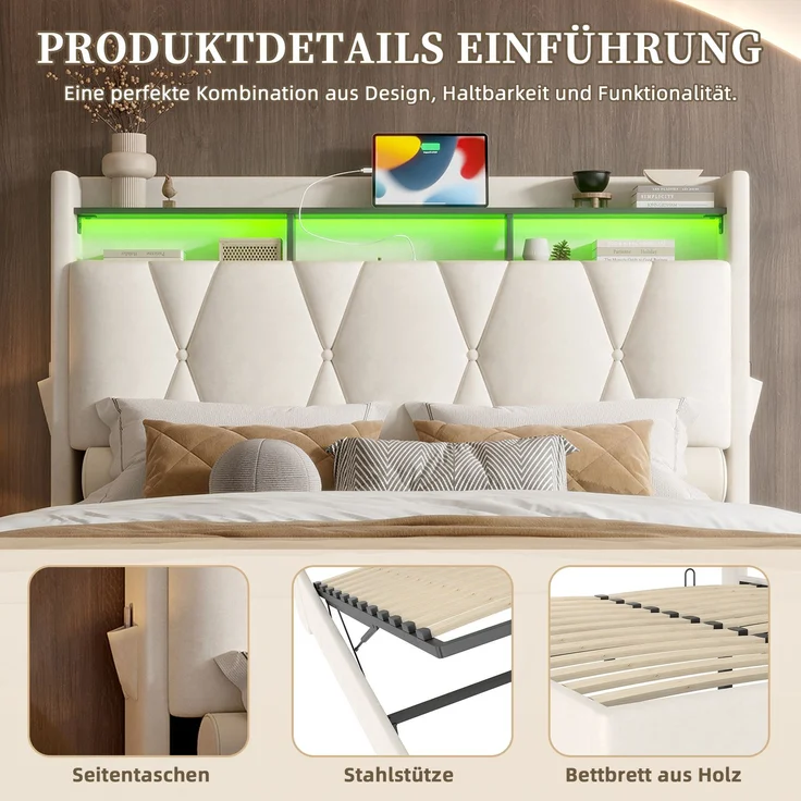 Polsterbett, Samt mit LED & Stauraum-Kopfteil, 140x200 cm, Beige, ohne Matratze – Bild 9