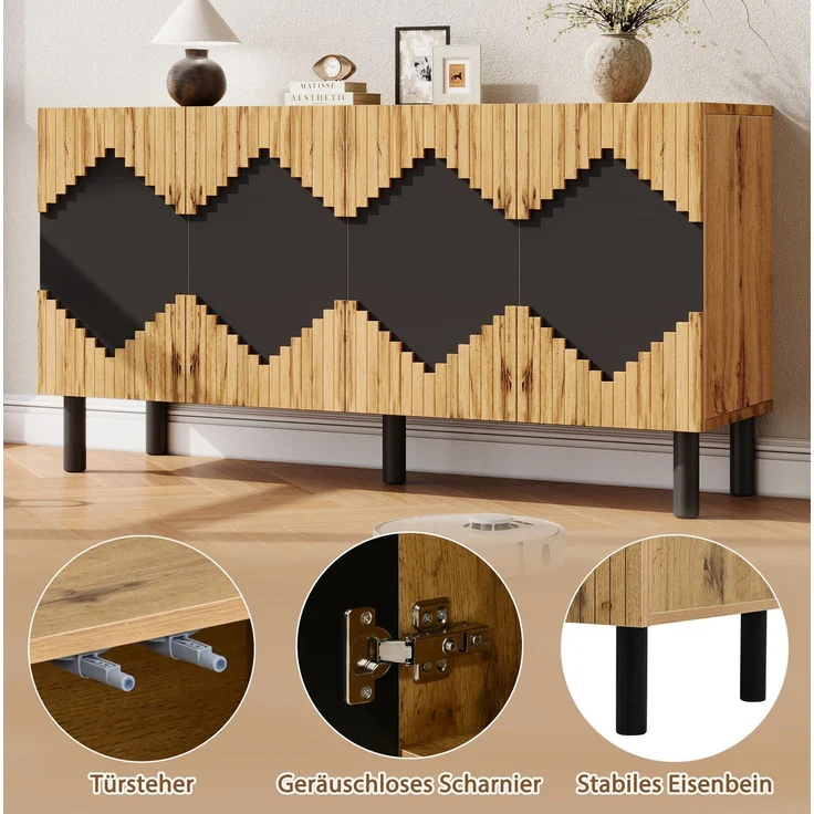 DESVIAE Sideboard Natur/Schwarz aus MDF/Spanplatte – 140x70x40 cm – 2 Türen, Push-Open – Bild 5