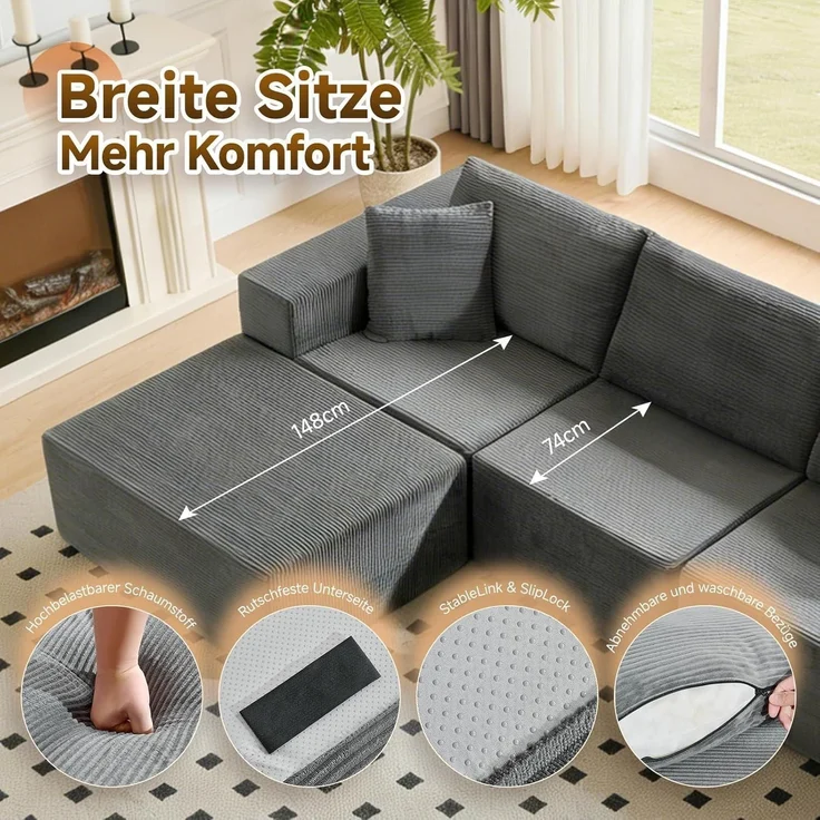 Ecksofa 275cm Schlaffunktion Ottomane Cord 4 L-förmig Dunkelgrau – Bild 5