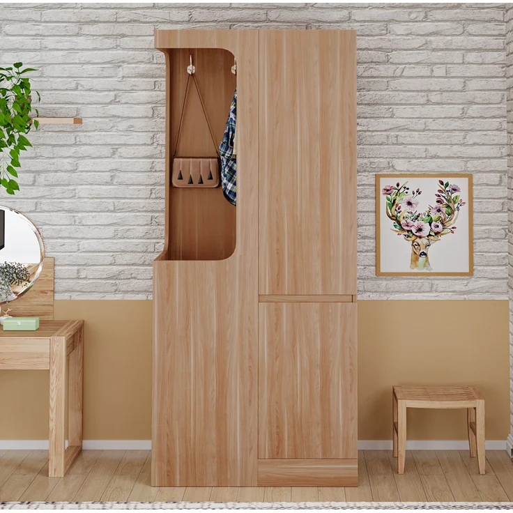 CHICFURN Kleiderschrank 70x170x40 cm mit 4 Schubladen und offenem Hängefach – Weiß/Naturholz – Bild 2