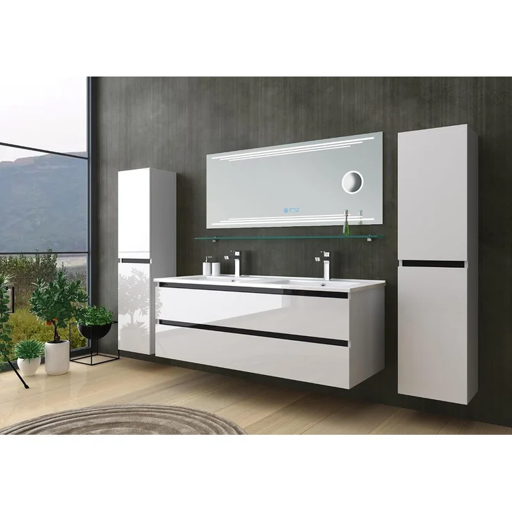 Homeline Badmöbel Set Weiß Dennis Hochglanz 90cm Spiegel incl LED (90, 6, 2X Seitenschrank) – Bild 1