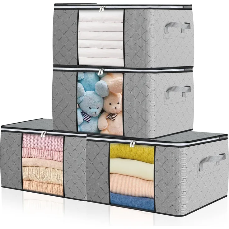 GoMaihe 4 Stück 90L Aufbewahrungstasche Groß, Aufbewahrungsbox mit Deckel Verstärkt Griff, Faltbare Umzugskartons mit Klarem Fenster Aufbewahrung für Kleidung Bettdecken Decke Koffer Organizer Grau
