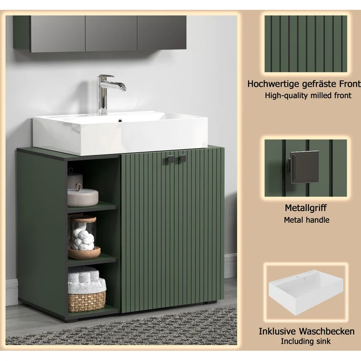 trendteam smart living - PureBliss - Waschbeckenunterschrank - Grün - Rillenoptik - 3 offene Fächer + 1 Einlegeboden + 80cm Aufsatzwaschbecken - (BxHxT) 90 x 91 x 53 cm - edle Metallgriffe – Bild 9