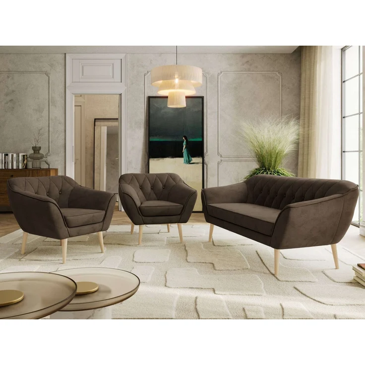 Wohnzimmerset PIRS 1-1-3, Skandinavisches 3-Sitzer Sofa mit Sesseln, Sofa mit Wellenfederung, Buche Füße, Skandinavisches Möbelset - Braun Velvet – Bild 1