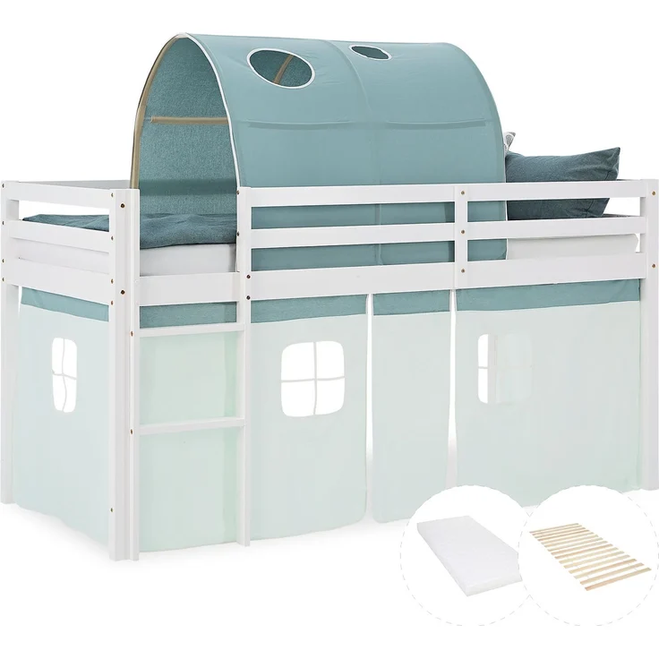 Hochbett Kinder 90x200 cm mit Matratze Kinderbett Kinderhochbett Stockbett Tunnel Vorhang Grün Mintgrün Holz Massiv Lattenrost – Bild 1