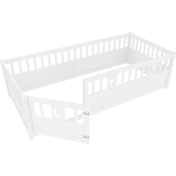 Ball & Cast Bodenbett (90x190 cm), Kids Bed und Jugendbett mit Stern- & Monddekoration, Kinderbett 90x200 mit rausfallschutz, ohne Lattenrost, Weiß – Bild 8