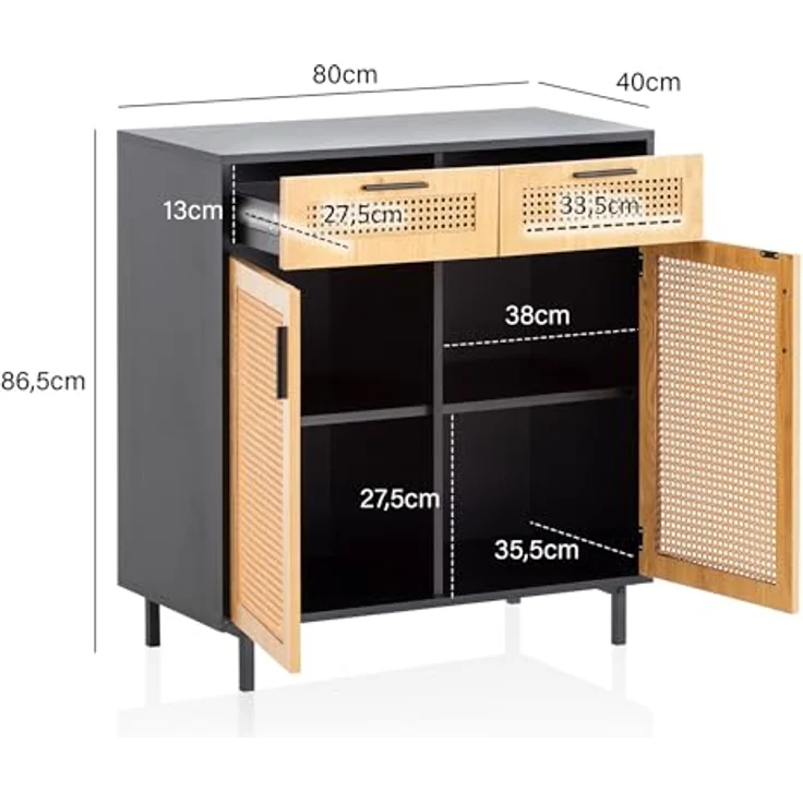 Livetastic Sideboard, Schwarz, Metall mit Wiener Geflecht, 2 Fächer, 2 Schubladen, 80x86.5x40 cm, stehend – Bild 3