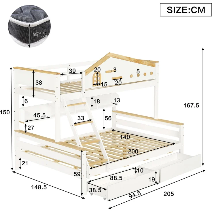 Etagenbett 90×200 & 140×200 – Offenes Regal, 2 Schubladen, vierstufige Schrägleiter, rundum Fallschutz,Massivholz & MDF – Weiß & Natur – Bild 4