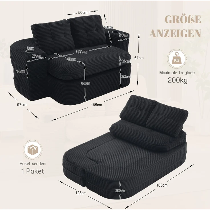 EINHOM Schlafsessel 2-in-1 aus Cord, Schlafsofa mit Liegefunktion, Komprimiertes Bodensofa mit Verstellbaren Armlehnen, 2 Getränkehaltern, Hoher Rückenlehne und Extra Tiefer Sitzfläche, Schwarz – Bild 2