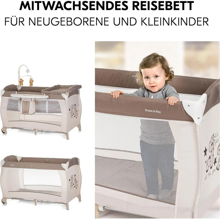 Hauck Baby-Reisebett Babycenter Zoo, 8-tlg, mit Neugeborenen-Einsatz, Wickelauflage, Spielbogen & Spieluhr, Rollen – Bild 2