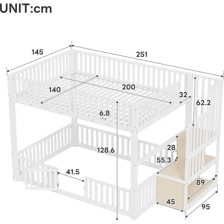 EINHOM 140 x 200 cm Etagenbett mit Stauraumleiter, mit LED, Weiß (Ohne Matratze) – Bild 2
