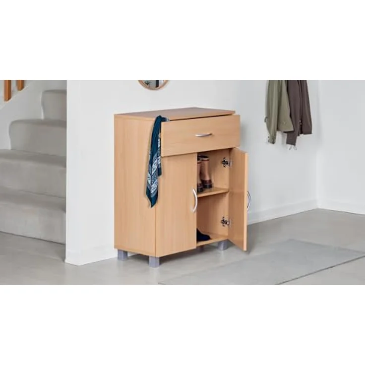 Schuhschrank 60x75x30cm Buche Optik mit Schublade & 2 Türen Spanplatte melaminbeschichtet – Bild 5