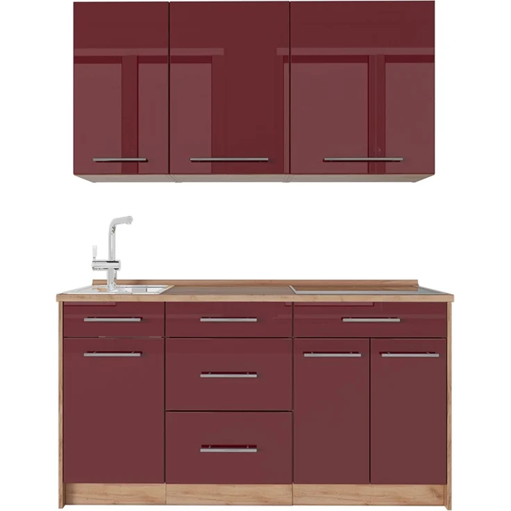 Singleküche Fame-Line Bordeaux Hochglanz/Goldkraft Eiche 150 cm ohne Arbeitsplatte Vicco – Bild 1