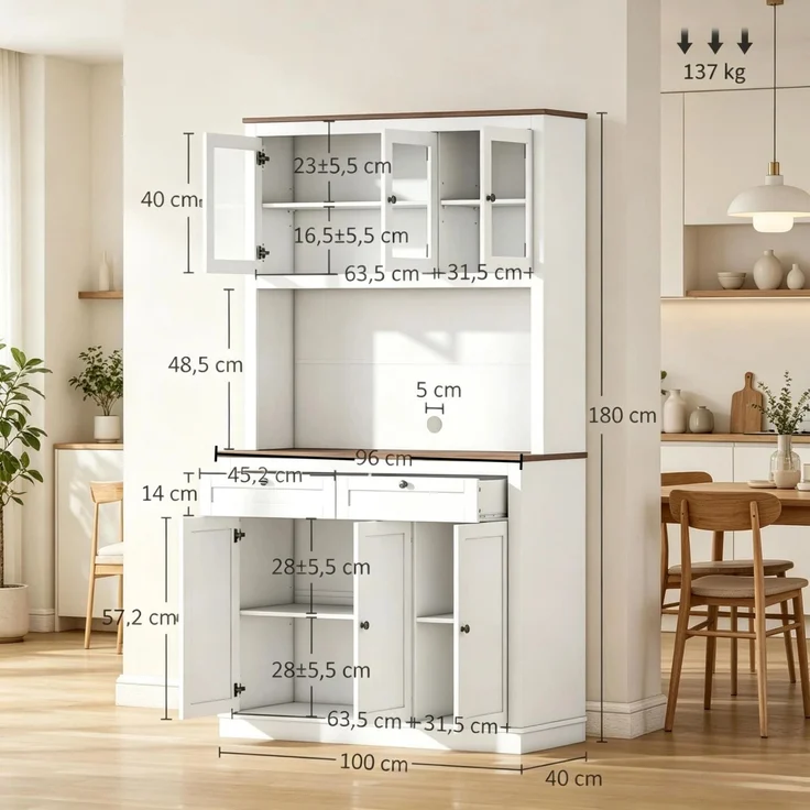 Buffet Anrichte mit offenen Regalen, Schubladen und viel Stauraum,Geschirrschrank,Küchenschrank--Weiß--100x40x180cm--YOUDENOVA – Bild 8