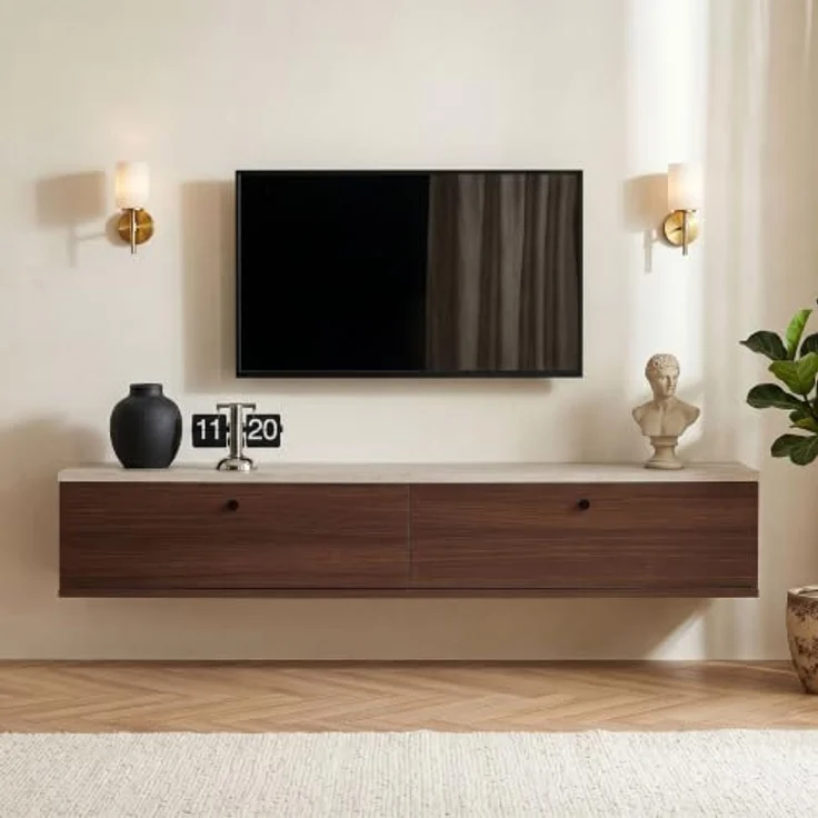 Hanah Home Stilvoller TV-Ständer, 140 cm breit, Travertin- und Walnuss-Finish | 100% melaminbeschichtete Spanplatte, inklusive Wandhalterung | Modernes Design, Tragkraft 35 kg – Bild 3