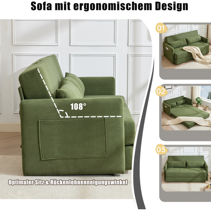 ZUBALIYA Schlafsofa 92x82 cm, mit Stauraum, mit Samtbezug, mit Cordbezug, mit breiten Armlehnen, mit Schaumstoffpolsterung, Grün – Bild 2