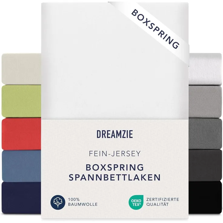 Dreamzie Premium Spannbettlaken 180x200 cm - 200x200 cm - 37cm Seitenhöhe - auch für Boxspringbett & Wasserbett - Bettlaken Boxspringbett 100% Jersey Baumwolle, 150 g/m² - Oeko-TEX - Weiß