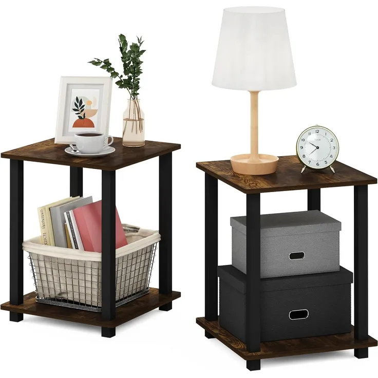 Furinno Simplistic Sofatisch, Couchtisch, Beistelltisch, mit 2 Ebenen, 2-er Set, Bernsteinkiefer/Schwarz