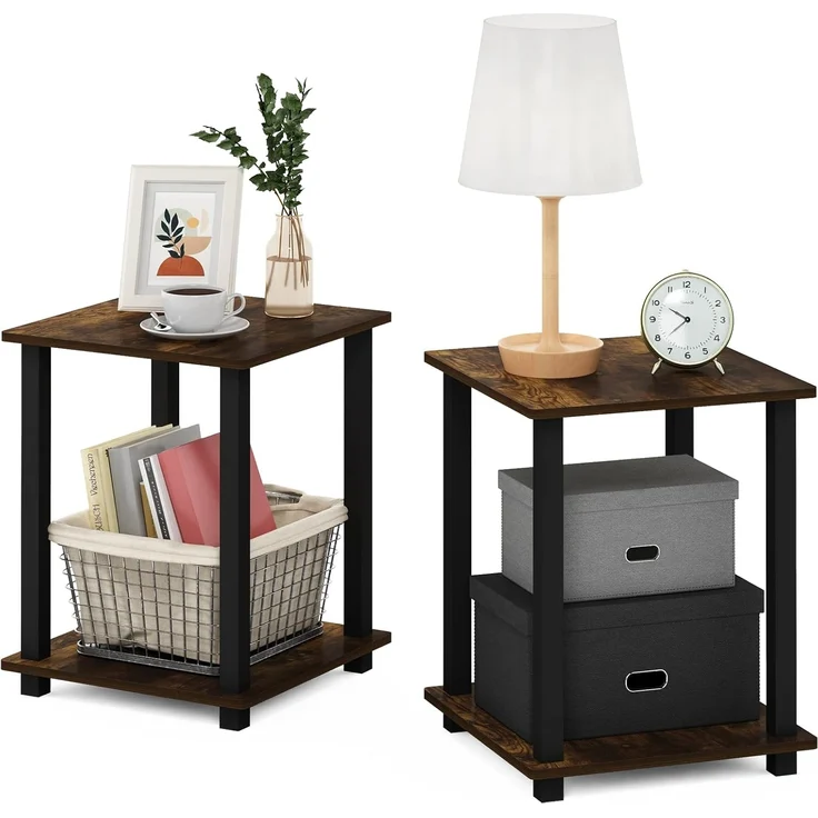 Furinno Simplistic Sofatisch, Couchtisch, Beistelltisch, mit 2 Ebenen, 2-er Set, Bernsteinkiefer/Schwarz